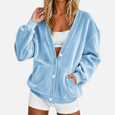 Women Fashion Casual Autumn And Winter Solid Color Golden Velvet V-Neck Loose Cardigan Coat