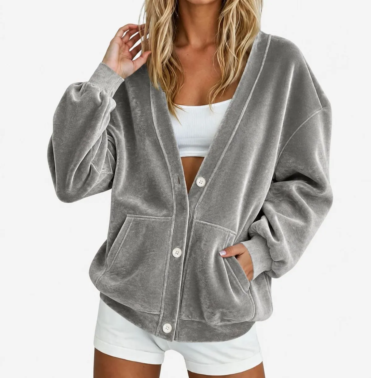 Women Fashion Casual Autumn And Winter Solid Color Golden Velvet V-Neck Loose Cardigan Coat