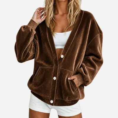 Women Fashion Casual Autumn And Winter Solid Color Golden Velvet V-Neck Loose Cardigan Coat