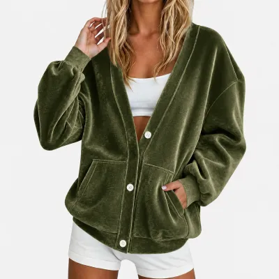 Women Fashion Casual Autumn And Winter Solid Color Golden Velvet V-Neck Loose Cardigan Coat