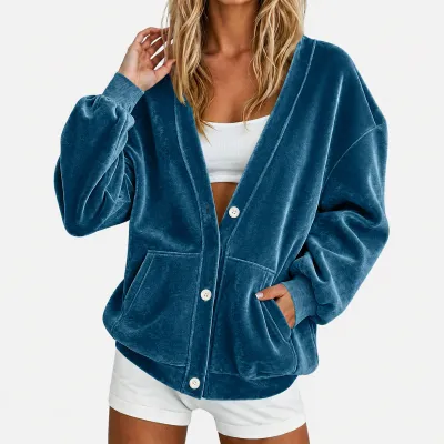 Women Fashion Casual Autumn And Winter Solid Color Golden Velvet V-Neck Loose Cardigan Coat