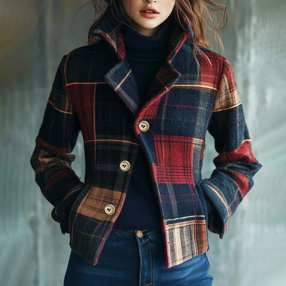 Women Fashion Retro Plaid Autumn And Winter Warm Collar Stitching Button Coat