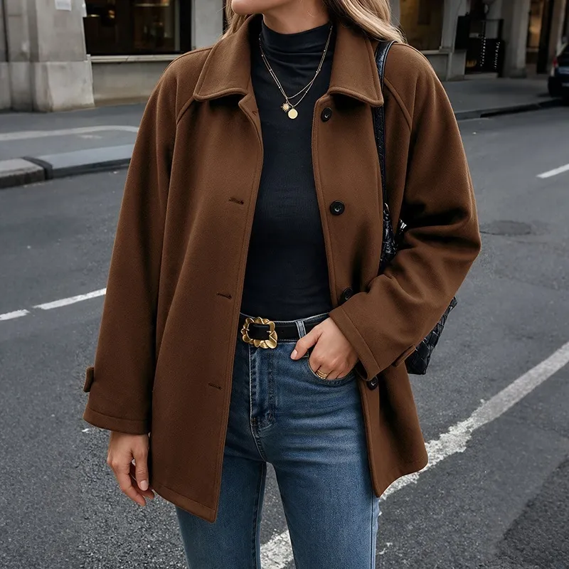 Women Fashion Casual Autumn And Winter Solid Color Lapel Buckle Long-Sleeve Woolen Coat