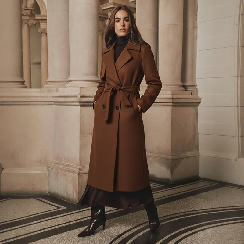 Women Fashion Casual Autumn Winter Brown Lapel Long-Sleeve Woolen Coat Coat