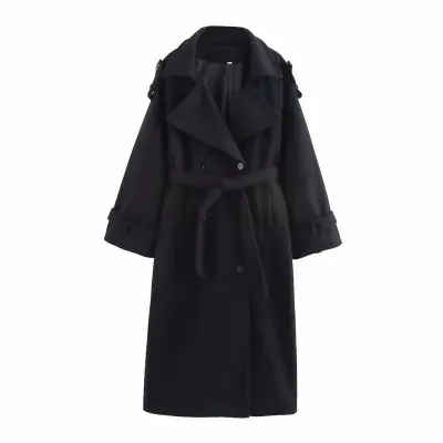 Women'S Fashion Autumn And Winter Solid Color Lapel Long-Sleeve Double-Breasted Lace-Up Wool Coat