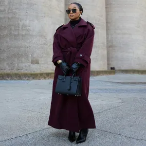 Women'S Fashion Autumn And Winter Solid Color Lapel Long-Sleeve Double-Breasted Lace-Up Wool Coat