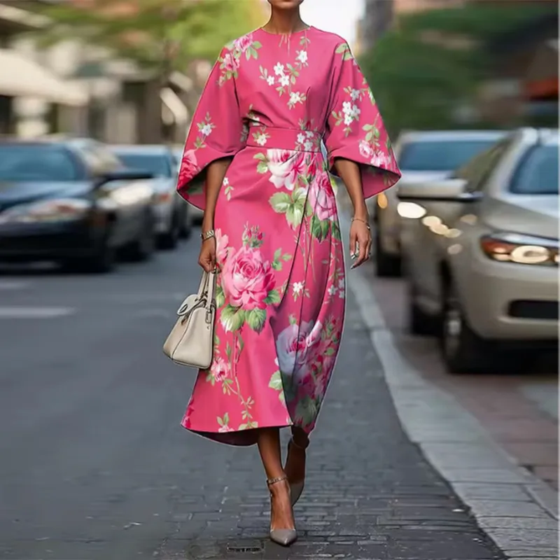 Women Fashion Casual Summer Flower Printed Short-Sleeve A-Line Dress
