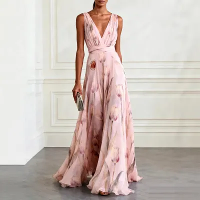 Women Fashion Casual Flower Printed V-Neck Sleeveless Large Swing A-Line Dress