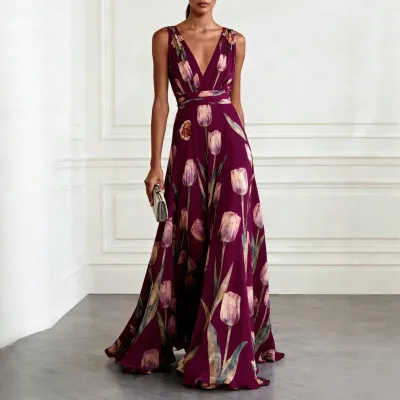 Women Fashion Casual Flower Printed V-Neck Sleeveless Large Swing A-Line Dress