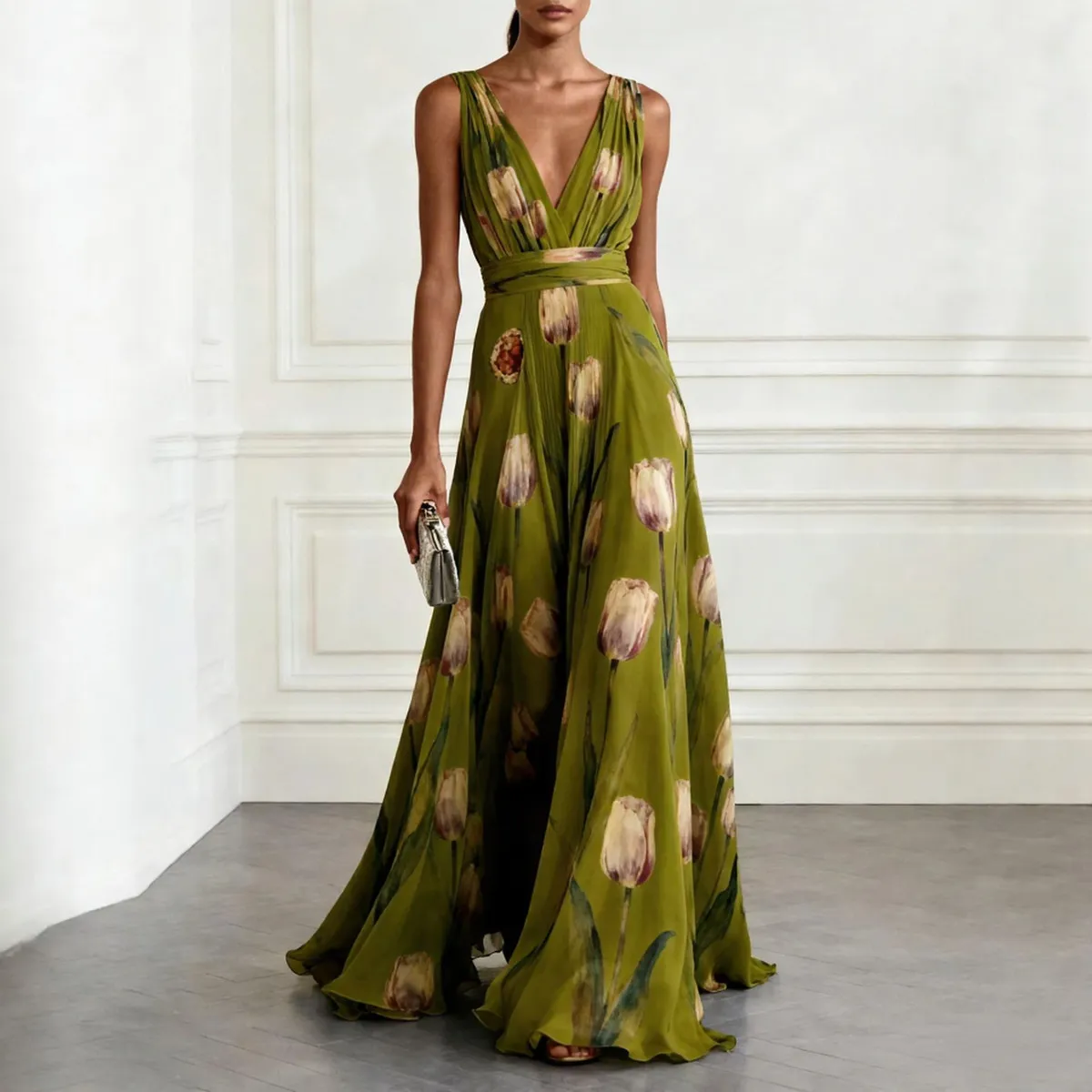 Women Fashion Casual Flower Printed V-Neck Sleeveless Large Swing A-Line Dress