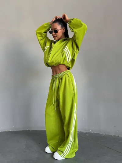 Women Fashion Athleisure Cotton-Containing Stripe Long-Sleeve Coat Loose Pants Two-Piece Set