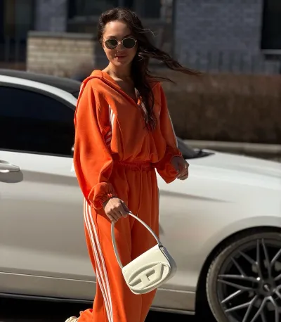 Women Fashion Athleisure Cotton-Containing Stripe Long-Sleeve Coat Loose Pants Two-Piece Set
