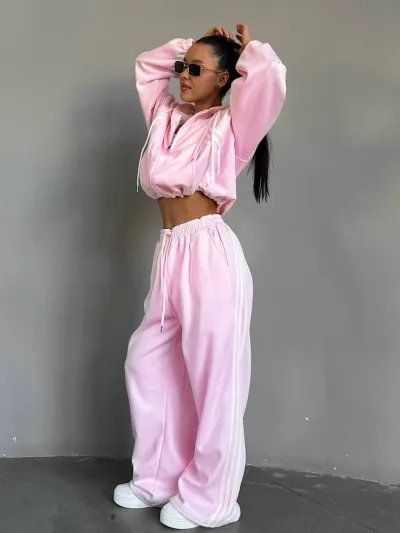 Women Fashion Athleisure Cotton-Containing Stripe Long-Sleeve Coat Loose Pants Two-Piece Set