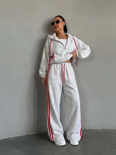 Women Fashion Athleisure Cotton-Containing Stripe Long-Sleeve Coat Loose Pants Two-Piece Set