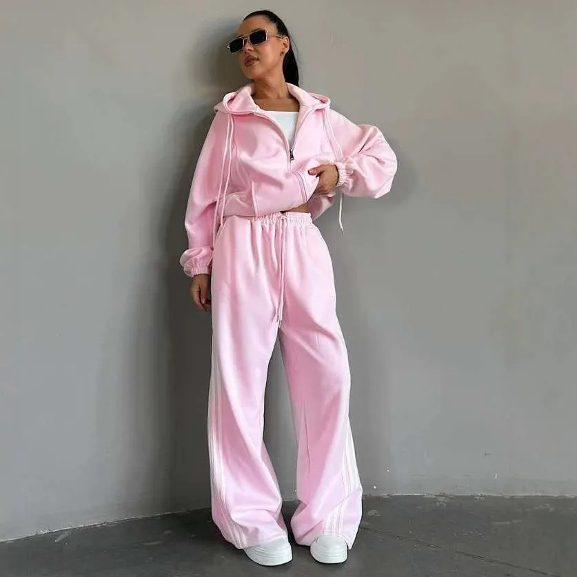 Women Fashion Athleisure Cotton-Containing Stripe Long-Sleeve Coat Loose Pants Two-Piece Set