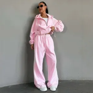Women Fashion Athleisure Cotton-Containing Stripe Long-Sleeve Coat Loose Pants Two-Piece Set