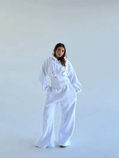 Women Fashion Casual Athleisure Solid Color Stitching Slim-Fit Tight Waist Drawstring Hoodies Loose Pants Two-Piece Set