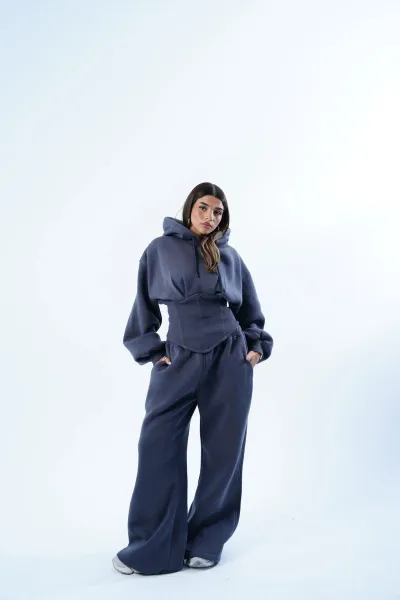 Women Fashion Casual Athleisure Solid Color Stitching Slim-Fit Tight Waist Drawstring Hoodies Loose Pants Two-Piece Set