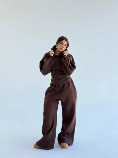 Women Fashion Casual Athleisure Solid Color Stitching Slim-Fit Tight Waist Drawstring Hoodies Loose Pants Two-Piece Set