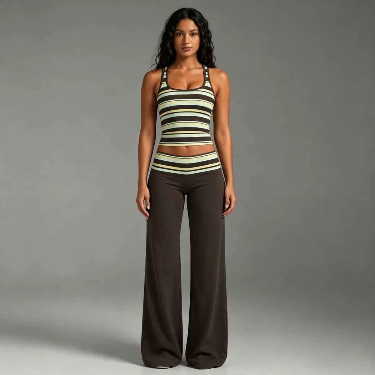 Women Fashion Stripe Printed Sleeveless U Neck Tank Top Loose Pants Two-Piece Set