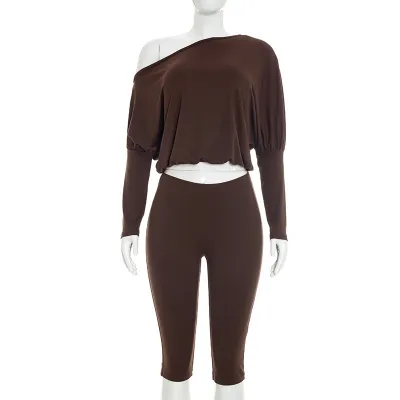 Women Fashion Sexy Solid Color Slant Shoulder Long-Sleeve Crop Top High Waist Cropped Pants Two-Piece Set