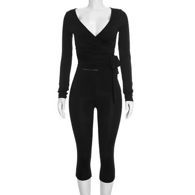 Women Fashion Solid Color Deep V Wrap Long Sleeve Crop Top Cropped Tight Pants Two-Piece Set
