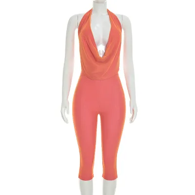 Women Fashion Sexy Solid Color Halter-Neck Backless Slim-Fit Top Tight Pants Two-Tone Set