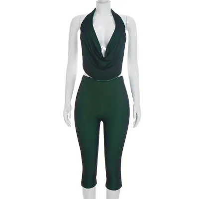 Women Fashion Sexy Solid Color Halter-Neck Backless Slim-Fit Top Tight Pants Two-Tone Set