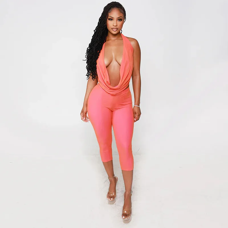 Women Fashion Sexy Solid Color Halter-Neck Backless Slim-Fit Top Tight Pants Two-Tone Set