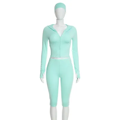 Women Fashion Casual Solid Color Long-Sleeved Zipper Cardigan Tights Pants Hairband Three-Piece Set