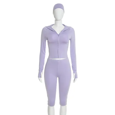Women Fashion Casual Solid Color Long-Sleeved Zipper Cardigan Tights Pants Hairband Three-Piece Set