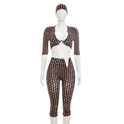 Women Fashion Sexy Leopard Print Deep V Short-Sleeve Crop Top Slim-Fit Pants Two-Piece Set