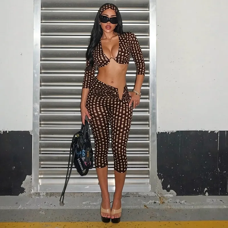 Women Fashion Sexy Leopard Print Deep V Short-Sleeve Crop Top Slim-Fit Pants Two-Piece Set