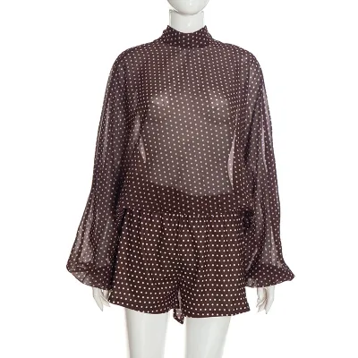 Women Fashion Polka Dot Print High Neck Long-Sleeve Lace-Up Top Loose Shorts Two-Piece Set