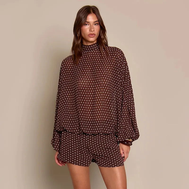 Women Fashion Polka Dot Print High Neck Long-Sleeve Lace-Up Top Loose Shorts Two-Piece Set