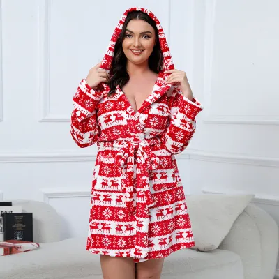 Women Fashion Christmas Plus Size Warm Flannel Thickened Long-Sleeve With Hat Nightgown