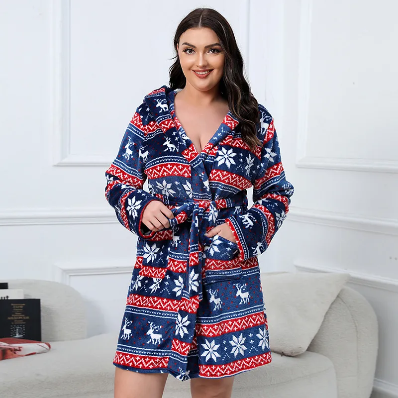 Women Fashion Christmas Plus Size Warm Flannel Thickened Long-Sleeve With Hat Nightgown