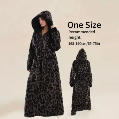 Women Fashion Casual Autumn Winter Thicken Leopard Long-Sleeve With Hat Loose Nightgown
