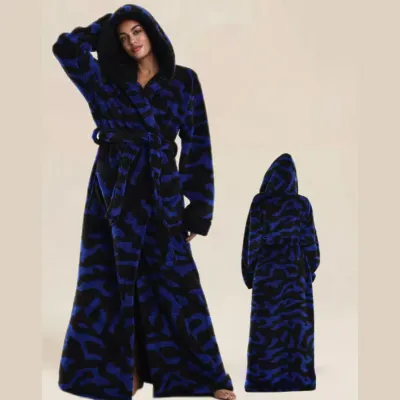Women Fashion Casual Autumn Winter Thicken Leopard Long-Sleeve With Hat Loose Nightgown