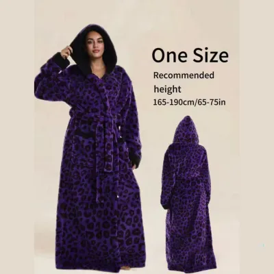 Women Fashion Casual Autumn Winter Thicken Leopard Long-Sleeve With Hat Loose Nightgown
