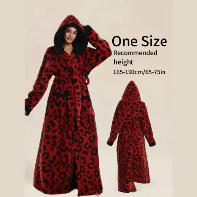Women Fashion Casual Autumn Winter Thicken Leopard Long-Sleeve With Hat Loose Nightgown