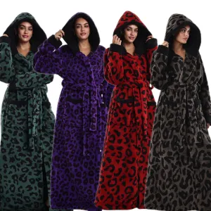Women Fashion Casual Autumn Winter Thicken Leopard Long-Sleeve With Hat Loose Nightgown