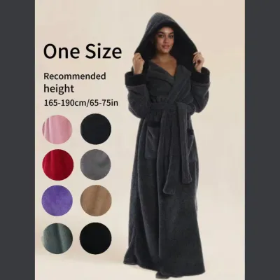 Women Fashion Casual Autumn Winter Thicken Warm Long-Sleeve With Hat Loose Nightgown