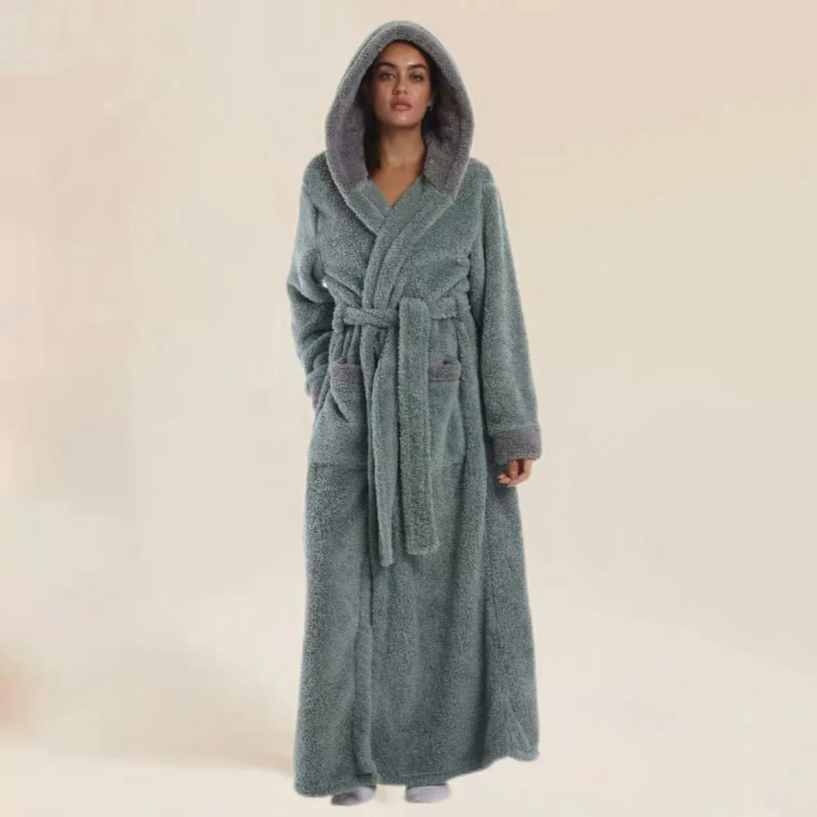 Women Fashion Casual Autumn Winter Thicken Warm Long-Sleeve With Hat Loose Nightgown