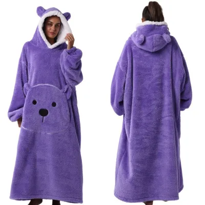 Women Fashion Cute Bear Autumn Winter Solid Color Long Sleeve With Hat Thickened Pajamas