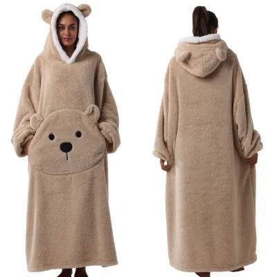 Women Fashion Cute Bear Autumn Winter Solid Color Long Sleeve With Hat Thickened Pajamas