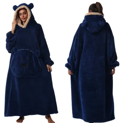 Women Fashion Cute Bear Autumn Winter Solid Color Long Sleeve With Hat Thickened Pajamas