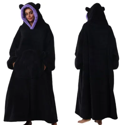 Women Fashion Cute Bear Autumn Winter Solid Color Long Sleeve With Hat Thickened Pajamas