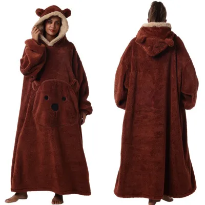 Women Fashion Cute Bear Autumn Winter Solid Color Long Sleeve With Hat Thickened Pajamas