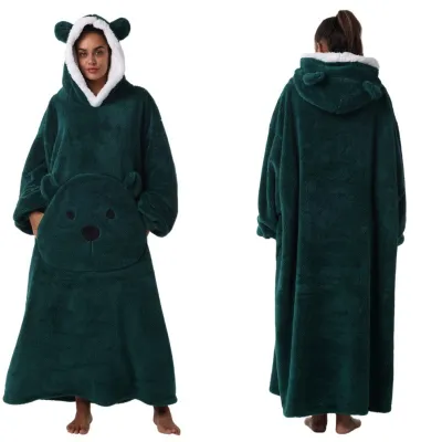 Women Fashion Cute Bear Autumn Winter Solid Color Long Sleeve With Hat Thickened Pajamas